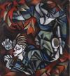 Jeanne Mammen, Sterbender Krieger (Junger Soldat im Frontfeuer), um 1943, Tempera auf Karton, 151 x 140 cm, Jeanne-Mammen-Stiftung im Stadtmuseum Berlin, © Jeanne-Mammen-Stiftung im Stadtmuseum Berlin / VG Bild-Kunst, Bonn 2021, Foto: Oliver Ziebe, Berlin