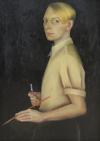 Kate Diehn-Bitt: Selbstbildnis als Malerin, Öl auf Sperrholz, 1935, 100 x 70 cm, Kunsthalle Rostock (Detail)